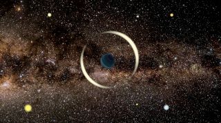 Artist's rendering of a gravitational microlensing event caused by a free-floating "rogue" planet.