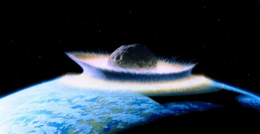 An illustration of an asteroid colliding with Earth