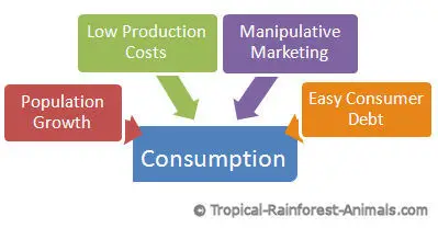 personal consumption, pollution, population growth, low production costs, manipulative marketing